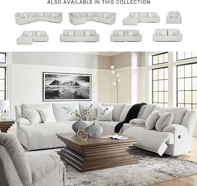 Signature Design by Ashley Top Tier Modern Right-Arm Facing 6-Piece Reclining Sectional with Chaise, Armrest, Throw Pillows and Storage, Light Gray