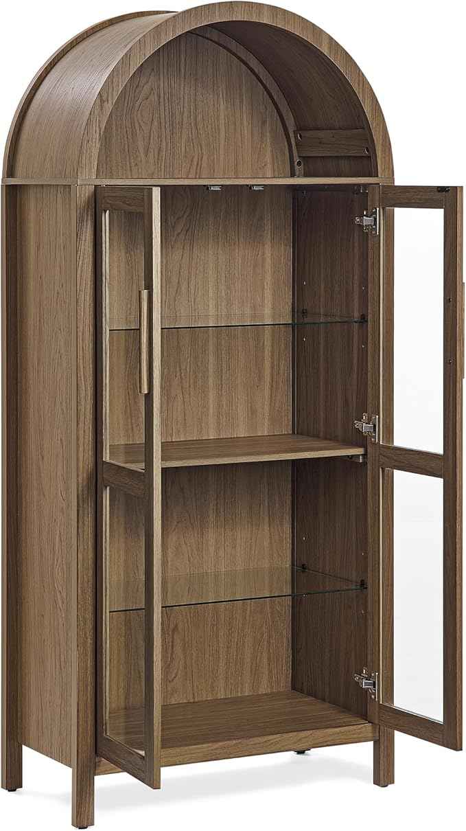 Arched Storage Cabinet with Glass Doors, Wood Display Cabinet with Adjustable Shelves and LED Lighting, 67H x 30W x 15.5D Inches, Modern Retro Style Kitchen Cabinet