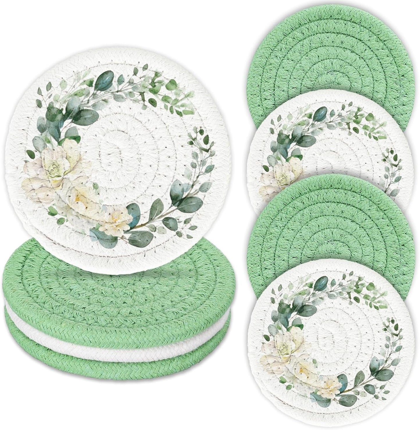 Whaline Eucalyptus Floral Cotton Coasters Flower Leaves Handmade Braided Drink Coasters Green Absorbent Cup Coaster for Spring Wedding Baby Shower Party Home Office Table Decoration, Set of 4