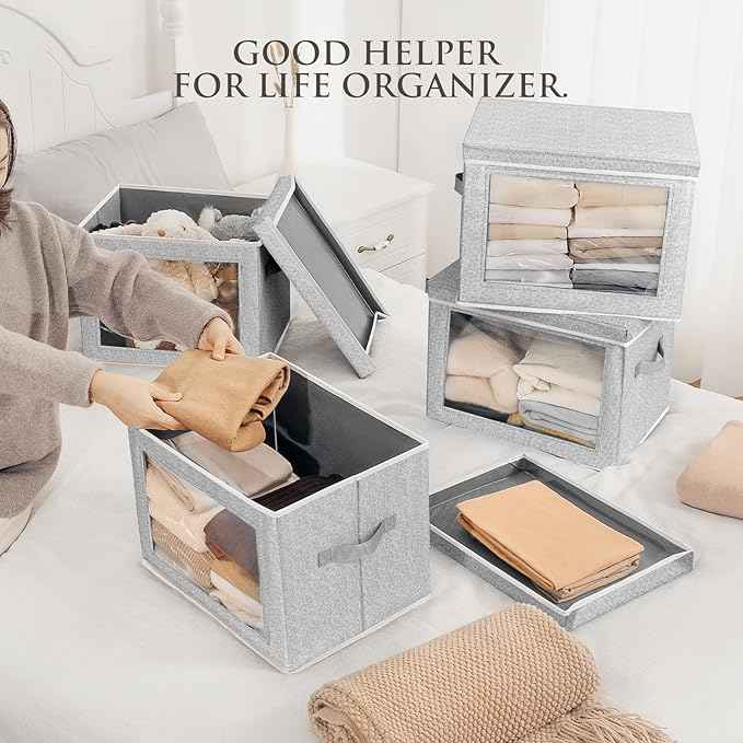 Storage Bins with Lids, 6 Pack Large Storage Cubes with Window, Closet Bins with Lids & Handles, Fabric Box for Organizing Clothes, Towels, Books, Blended