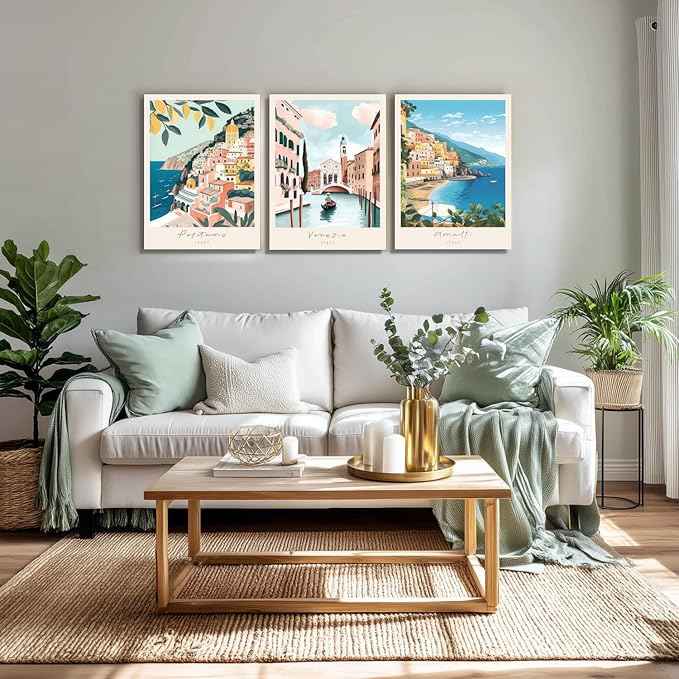 Cyebmo Framed Italy Travel Wall Art, Amalfi Coast Landscape Wall Decor, Blue Venice Coast Wrapped Canvas Artwork, Italian Modern City Aesthetic Picture for Living Room Bedroom Bathroom 12"x16"x3