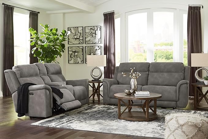Signature Design by Ashley Next-Gen DuraPella Power Reclining Sofa, USB, Extended Ottoman, Water Repellent Faux Leather, 80" W x 42" D x 42" H, Slate Gray