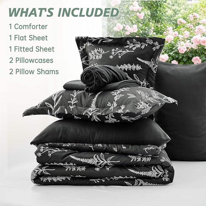 MUXHOMO Black King Comforter Set, Elegant Floral Print Bed in a Bag 7 Pieces, Ultra Soft & Breathable Reversible Botanical Pattern Bedding Set with Comforter, Sheets, Pillowcases, and Shams