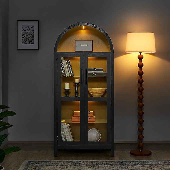 Arched Storage Cabinet with Doors, Display Cabinet with LED Light, 5-Tier Display Cases for Collectibles, Curio Cabinet with Ajustable Shelf for Living Room, Black