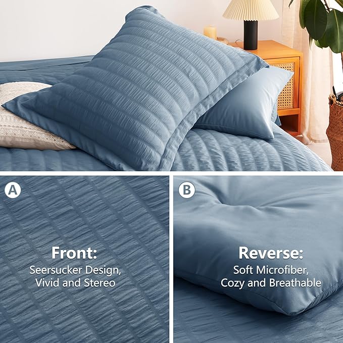 CozyLux Grayish Blue King Size Comforter Set Seersucker 7 Pieces Dusty Blue Bed in a Bag King Comforter Set with Sheets, Luxury Bedding Set with Down Alternative Comforter, Sheets, Pillowcases & Shams