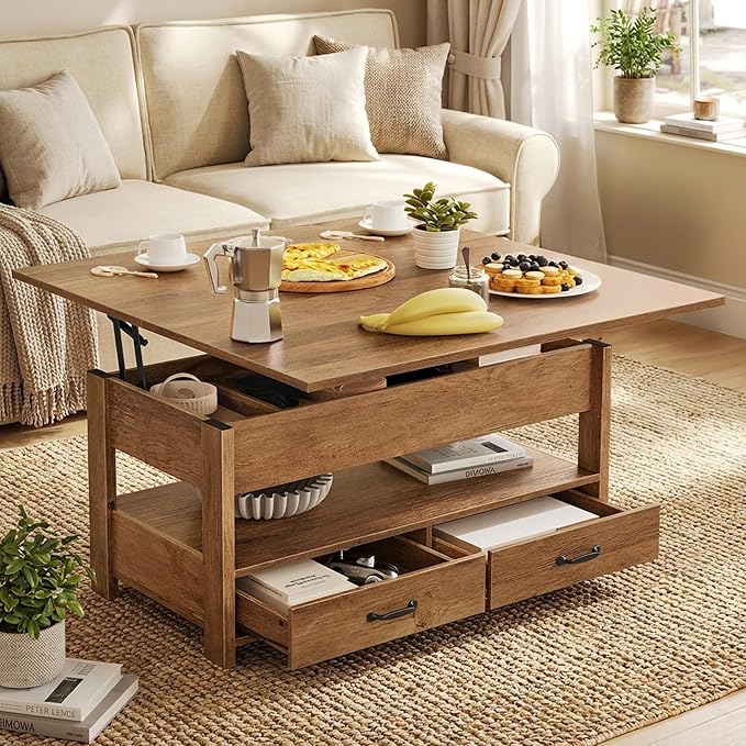 VASAGLE Coffee Table Lift Top, 3 in 1 Center Table with Storage, Gas Spring, 2 Drawers and 3 Hidden Compartments, Open Shelf, for Living Room, Home Office, Honey Brown ULCT254K01