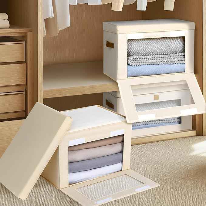 4 Pack Closet Shelf Organizer Basket & 2 Pack Clothes Storage Bins with Windows