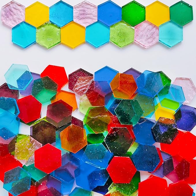 100 pcs Hexagon Transparent Stained Glass Pieces Mosaics Tiles for Crafts Bulk, Hand Precut Mosaic for Stained Glass Bee Honeycombs, Mosaic Kits for Adults