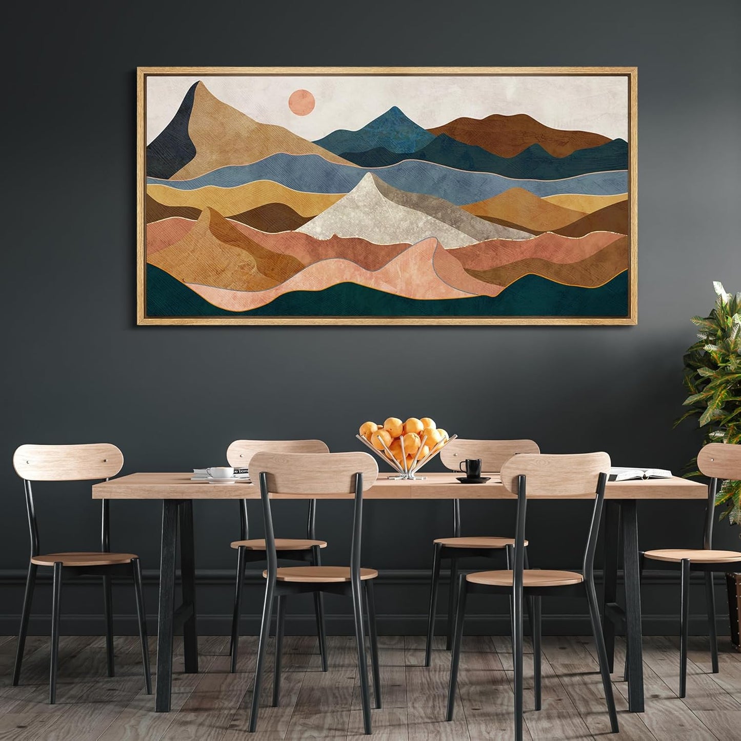 MUDECOR Extra Large Framed Canvas Print Wall Art Desert Peaks Colorful Geometric Mountain Illustrations Antique Retro Fine Art Illustrations Decorative Colorful for Bedroom - 60"x30"