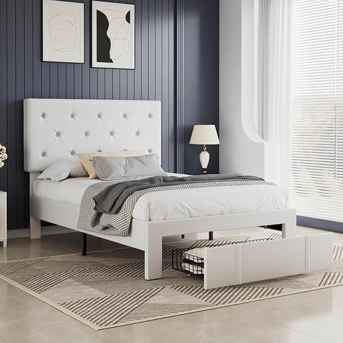 VECELO Twin Size Bed Frame with Storage Drawers, Leather Upholstered with Diamond Tufted Headboard, Solid Wood Slat Support, No Box Spring Needed, PU & White