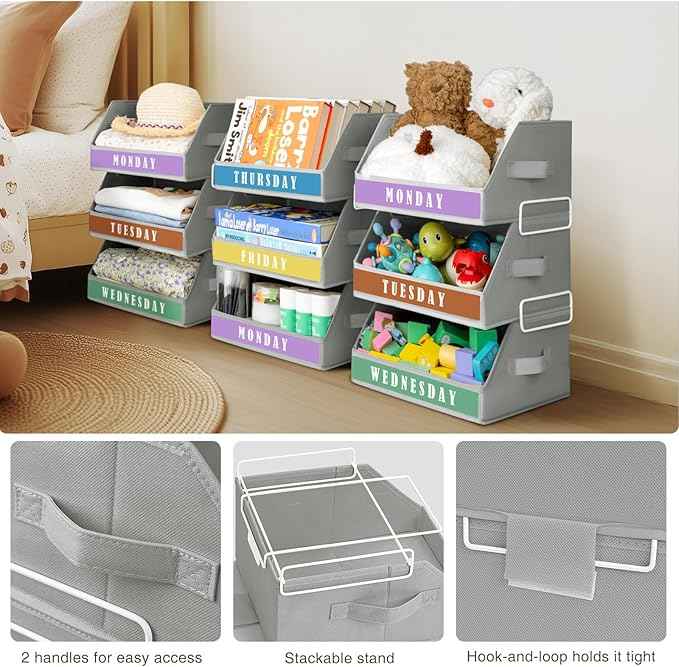 Closet Organizers and Storage - 5 Tier Shelf Organizer wiht Weekly Labels, Stackable Storage Bins with Metal Frame, Grey & Beige