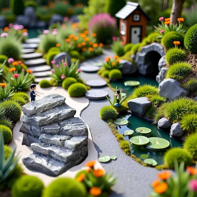 Curved Stone Steps Miniature Fairy Garden Accessories,Miniature Pond Lawn Garden Ornament Figurines, Micro Landscape Ornaments for Gardens DIY Kit Statues，Gardens Sculptures and Statues