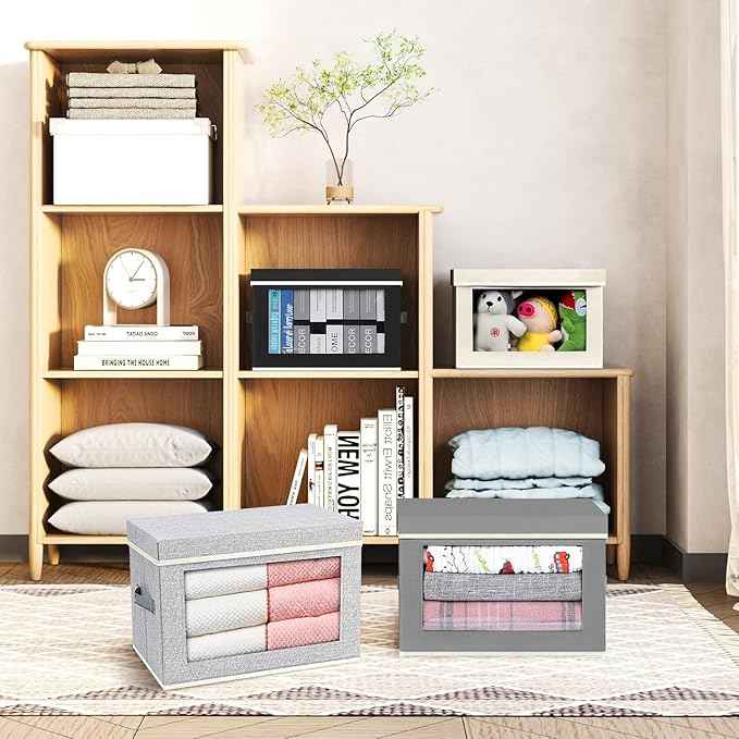 Storage Bins with Lids - Fabric Storage Boxes with Lids, Collapsible Storage Bins with Window, Decorative Closet Organizers and Storage for Clothes, Towels, Books, 3 Packs And 6 Packs