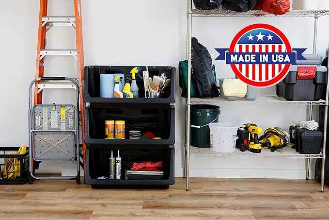 Mighty Tuff Heavy Duty Nesting Stack Bins, Pack of 3, Extra-Large Handles, Wide Front Opening, Interlocking, Stack Vertically, Holds Up To 100 Pounds, Black