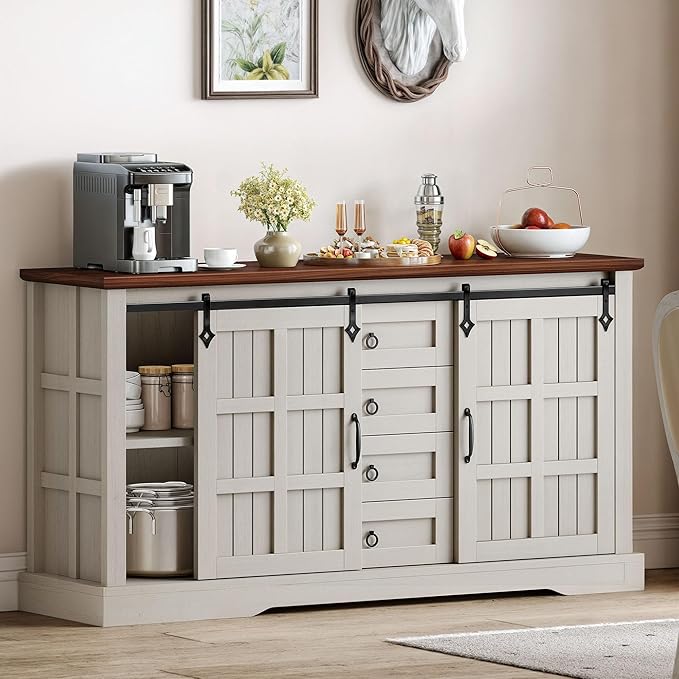 DWVO 59" Sideboard Buffet Cabinet with Storage, Kitchen Storage Cabinet with Sliding Barn Doors and 4 Drawers for Living Room/Kitchen, White Oak