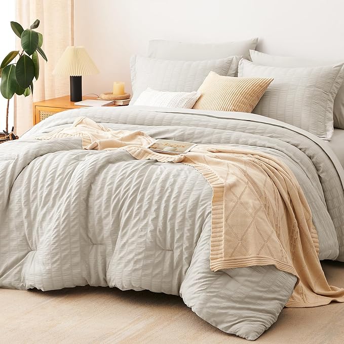CozyLux Twin Comforter Set with Sheets Seersucker 5 Pieces, Beige Bed in a Bag for Bedroom, Textured Luxury Soft Bedding Set with Down Alternative Comforter, Sheets, Pillowcase & Sham for All Seasons