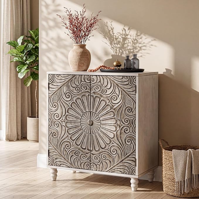 COSIEST Set of 3 32" Buffet Sideboard Cabinets with Storage, Accent Cabinet with Push-to-Open Doors, Vintage Flower Carved Pinewood Doors, Entryway Console for Living Room, Kitchen, Hallway, Gray
