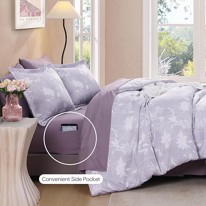 Full Comforter Set -7 Pieces Floral Purple Comforter Set for All Seasons, Bed in a Bag Full with Botanical Flowers Comforter, Sheets, Pillowcases & Shams