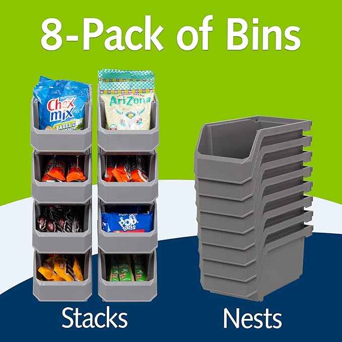 Plastic Containers for Organizing and Storage Bins for Closet, Kitchen, Office, Garage or Pantry Organization, Stackable Bins, Medium (11" x 5" x 5.5"), 8-Pack, Grey