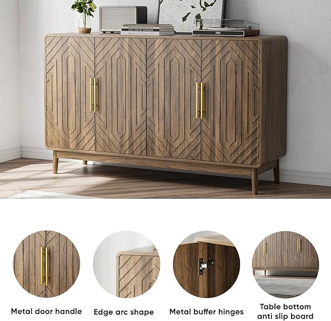 Ball & Cast 55" Modern Sideboard Cabinet with Storage, Carved 4-Door Buffet w/Adjustable Shelves & Solid Wood Legs, Credenza & Accent Cabinet for Living Room, Entryway, Kitchen,Dining Room,Walnut