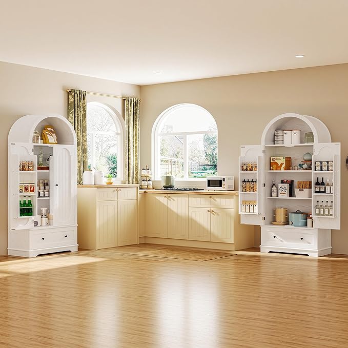 IRONCK 70.9" Tall Arched Kitchen Pantry, Kitchen Cabinet with Large Drawer, Adjustable Shelves, Arched Open Shelving, 2 Doors with Storage Shelves, Modern Versatile Cupboard for Kitchen, Dining Room