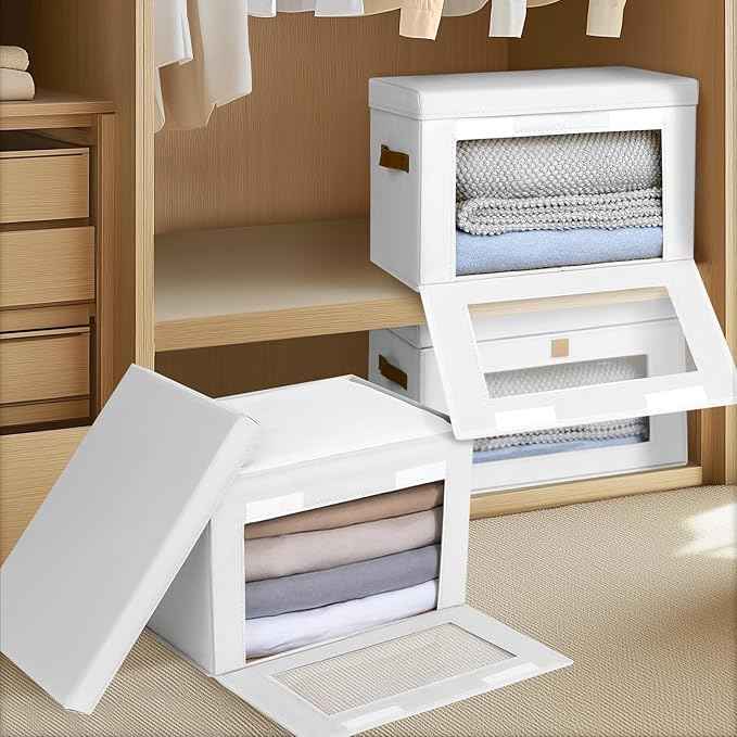 Large Clothing Storage Bins - Collapsible Boxes with Handles & Window, Decorative Organizer Bins with Lids, Fabric Containers for Living Room, Dorm, 4 Pack, White