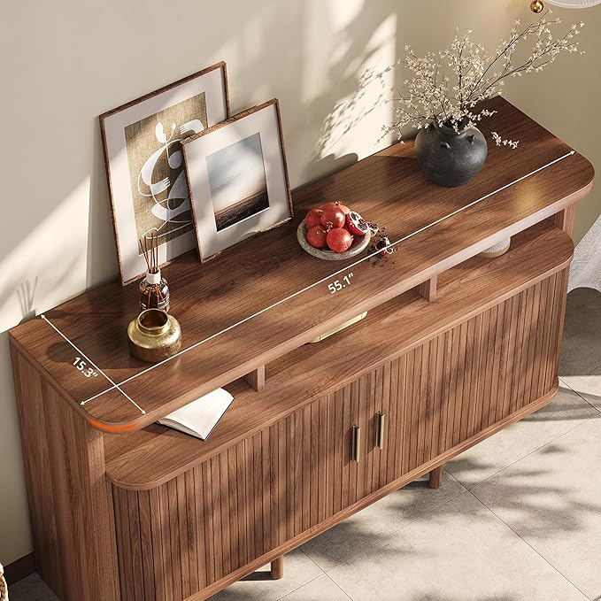 IRONCK 55" Sideboard Buffet Cabinet with Storage, Fluted Credenza with Sliding Door & Open Shelf, Mid Century Modern Accent Coffee Bar Console Table for Kitchen, Living Room, Entryway, Walnut