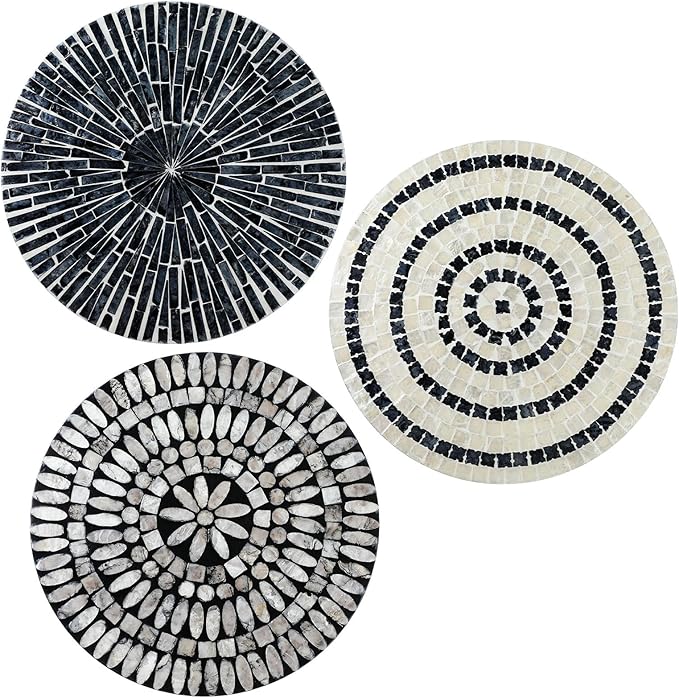 Tioncy 3 Pcs 3 Pcs 11.8 Inches Mother of Pearl Shell Plate Coastal Wall Art Mosaic Wall Sculpture Shell Handmade Hanging Plates Arts for Halloween Christmas Bedroom Bathroom Home Office Hotel(Black)