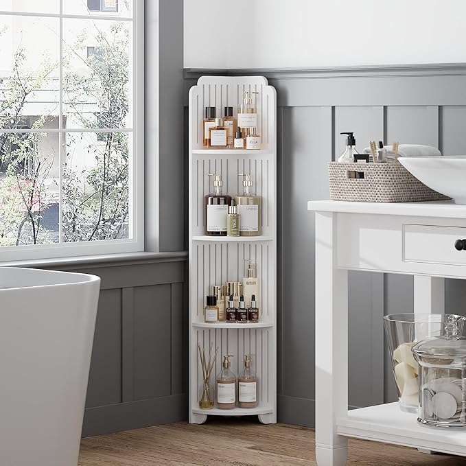VECELO 4-Tier Bathroom Shelves for Narrow Space, Modern Corner Shelf Stand,Small Storage Organizer for Bathroom,Toilet Paper Stand,White