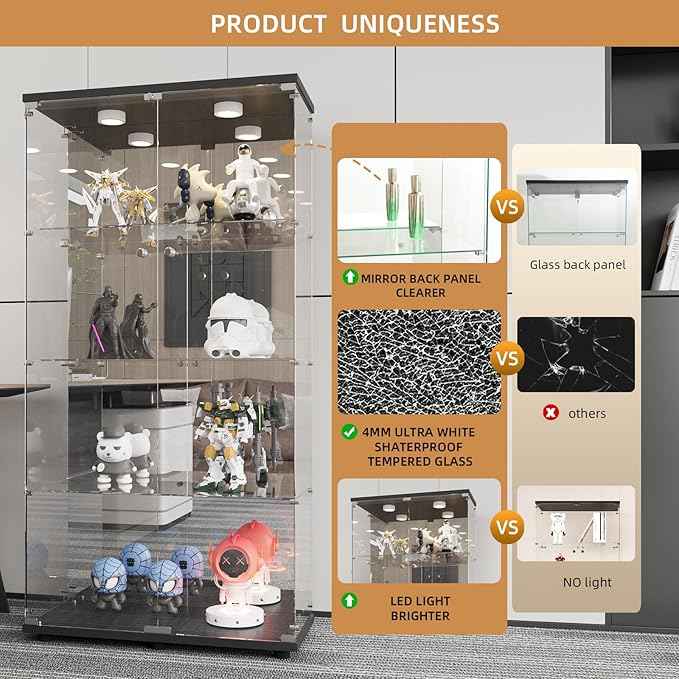 Beauty4U Glass Display Cabinet with LED Lights and Mirror, 4 Shelves with 2 Doors, Curio Cabinets for Living Room, Bedroom, Office, Black Floor Standing Glass Bookshelf, Quick Installation