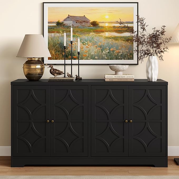 RoyalCraft Sideboard Buffet Cabinet, 56" Modern Credenza with 4 Doors and Adjustable Shelves, Wood Accent Cabinet Console Media for Entryway, Living Room, Kitchen, Satin Black