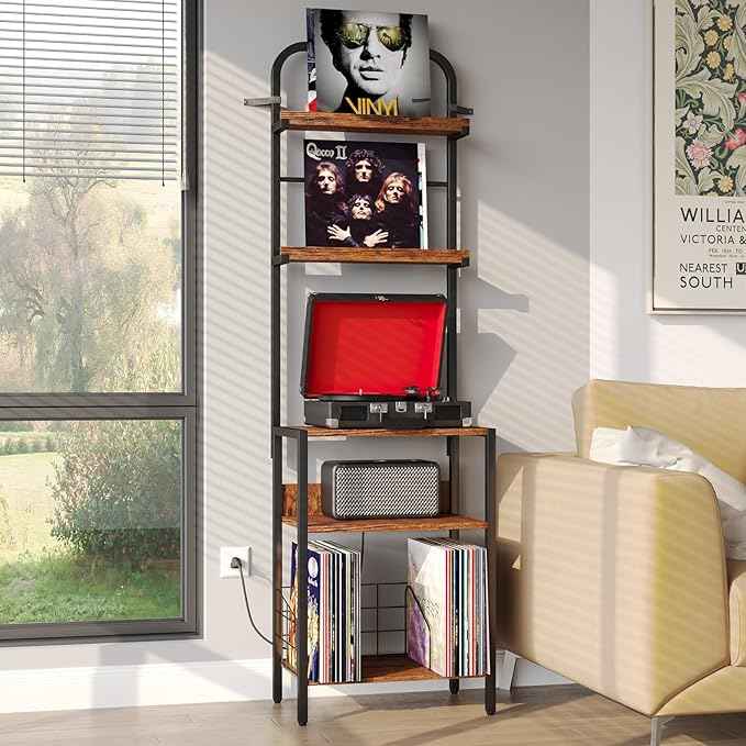 Record Player Stand with Power Outlet, Turntable Stand with 2-Tier Vinyl Record Storage, Record Player Table Up to 200 Albums, End Table for Vinyl Record Holder for Living Room