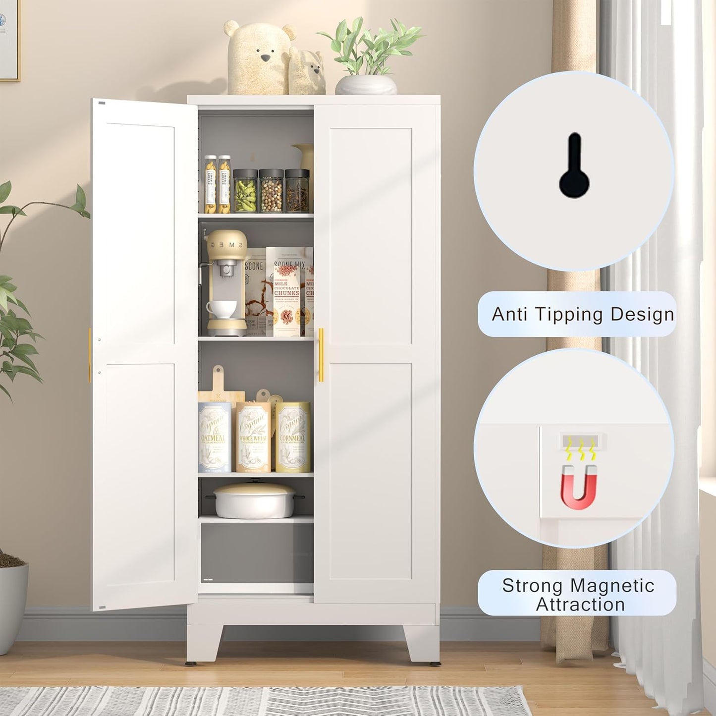 61.02" Pantry Cabinet, Kitchen Pantry Storage Cabinets with Adjustable Shelves and Feet, White Pantry Storage Cabinet for Kitchen, Dining Room, Living Room and Bathroom (White) Metal - Décor Diaries