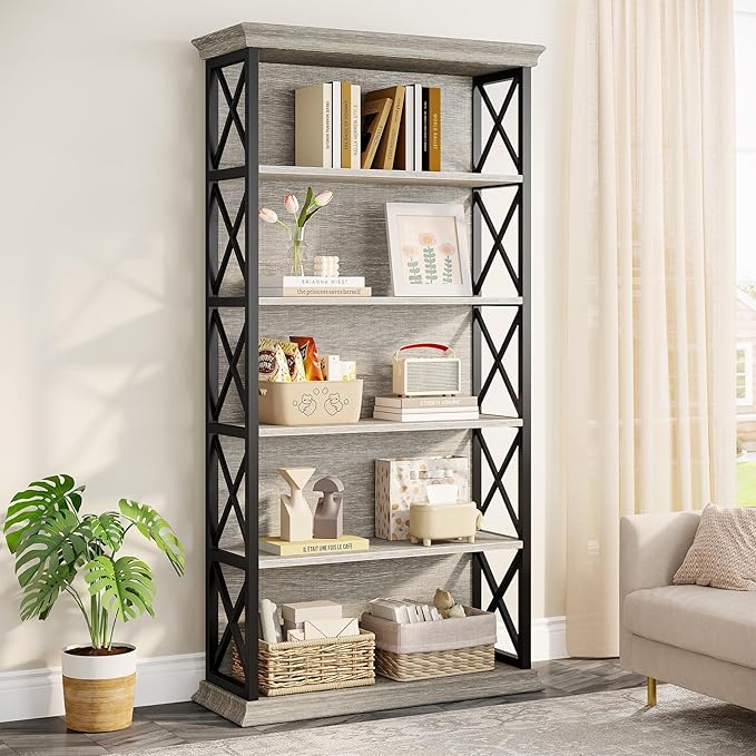 Tribesigns 6-Tier Bookcase, 71 Inches Industrial Bookshelves and Bookcases, Floor Standing 5 Shelf Display Storage Shelves Tall Bookcase for Home Office, Living Room, Bed Room, Grey