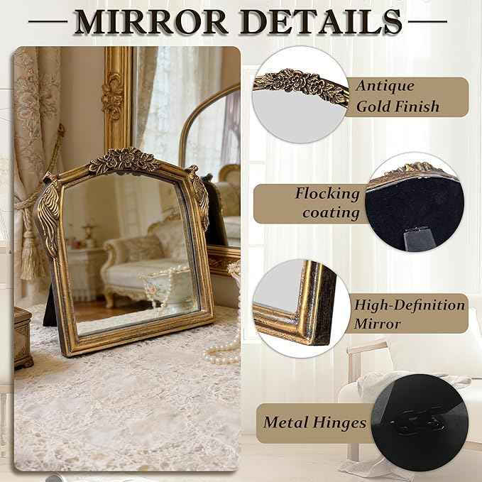 Vintage Vanity Desk Mirror -7x8Inch Wall-Mounted & Tabletop Decorative Ornate Gold Accent Retro Makeup Mirror for Bedroom Dresser Living Room Bathroom Dorm Champagne Gold
