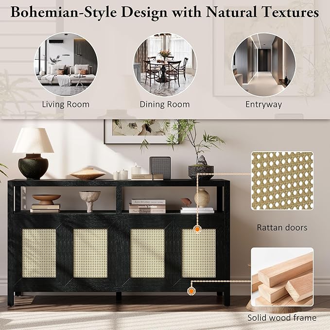 Ball & Cast 60" Rattan Buffet Sideboard Cabinet with Storage, Modern Boho Coffee Bar w/Push-to-Open Doors & Adjustable Shelves, Wood Console Cabinet for Kitchen,Livingroom & Dining Room, Black