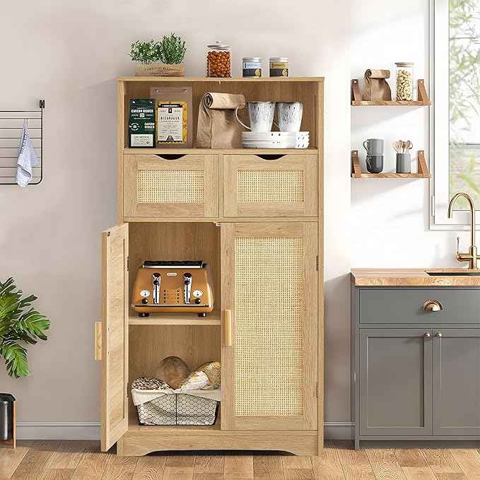 Iwell Storage Cabinet with 2 Drawers & Adjustable Shelves, Rattan Cabinet, Kitchen Pantry Cabinets, Cupboard for Living Room, Kitchen, Home Office, Natural SNG008NR