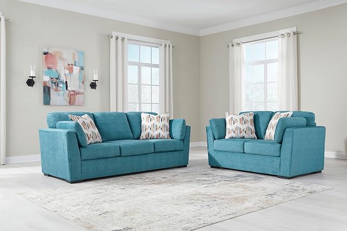 Signature Design by Ashley Keerwick Scandinavian Sofa with 4 Toss Pillows, Blue