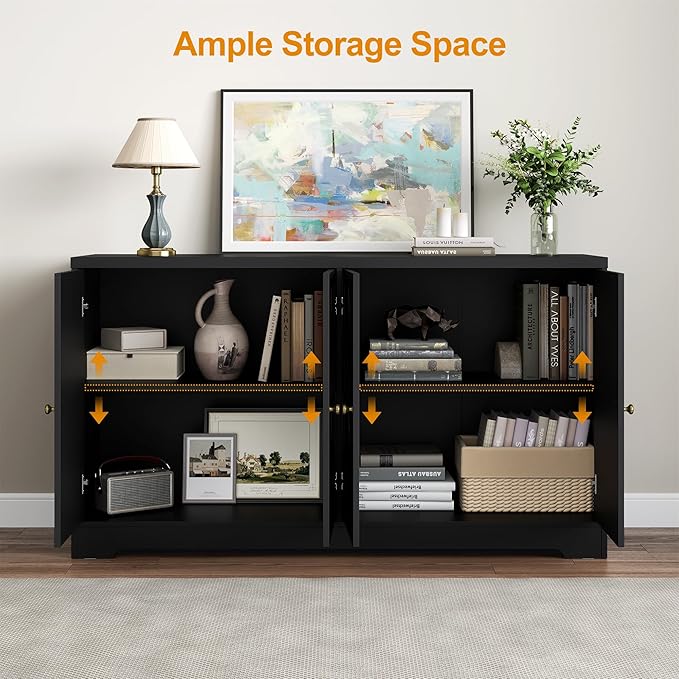 RoyalCraft Sideboard Buffet Cabinet, 56" Modern Credenza with 4 Doors and Adjustable Shelves, Wood Accent Cabinet Console Media for Entryway, Living Room, Kitchen, Satin Black