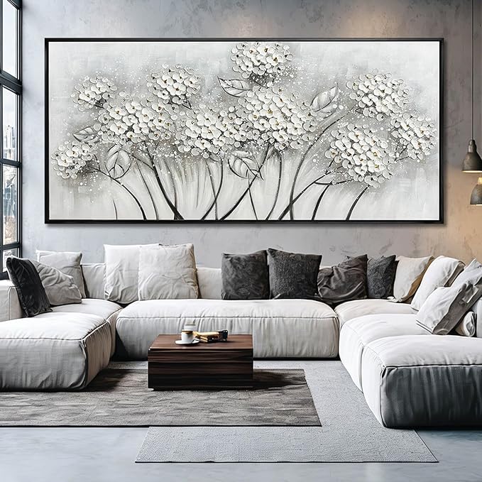 Kureful Grey and White Hand Painted Wall Art Flower Canvas Artwork Contemporary Oil Paintings 40"x86" Decorations for Bedroom Office