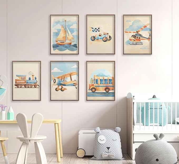 6Pcs Vintage Car Nursery Canvas Wall Art Watercolor Nursery Vehicle Airplane Ship Train Prints Pictures Blue Yellow Transportation Vehicle Painting Wall Decor for Children Room Home Unframed