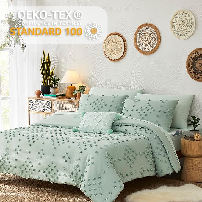 Geniospin Sage Green Queen Comforter Set for Girls- 7 Pieces Pom Tufted Bed in A Bag Twin Bedding Sets with Sheets, Pillowcases & Shams, All Season Kids Comforter Set