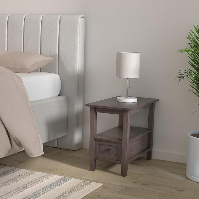 SIMPLIHOME Warm Shaker End Table - 14 inch Wide Solid Wood Narrow Side Table in Tobacco Brown, Transitional Accent Table for Living Room or Bedroom with Drawer, Open Shelf and Square Tapered Legs