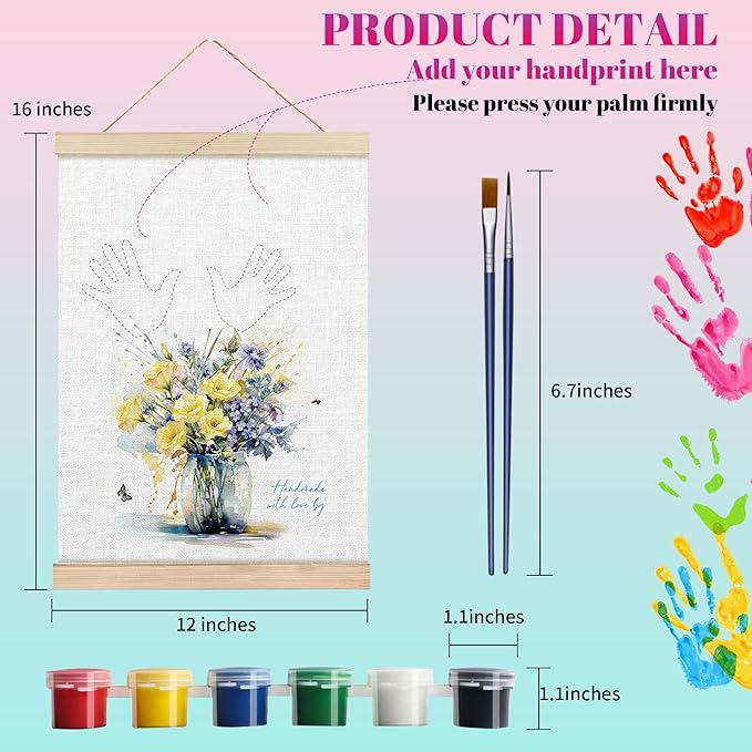 Handprint Flower Kit – 12x16 inches Flower Bouquet Handprint Art Kit with Acrylic Paints – DIY Family Keepsake Craft, Mother Daughter Activity, Mother's Day Birthday Gifts Fit for Mom, Grandma, BH03