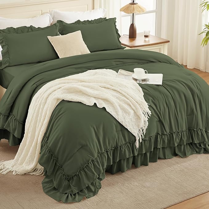 Andency Olive Green King Comforter Set (104x90Inch), 3 Pieces Ruffle Comforter Set with 2 Pillowcases, Farmhouse Shabby Chic Lightweight Fluffy Soft Microfiber All Season Bed Set