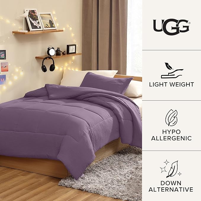 UGG Leonora Comforter Set with 1 Pillow Sham Lightweight Down Alternative Blanket Reversible All Season Washable and Hypoallergenic Bedding Set for College Dorm, Twin/Twin XL, Purple Shadow