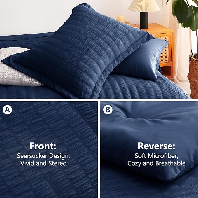 CozyLux Oversized Queen Comforter Set Navy Blue Seersucker 7 Pieces Bed in a Bag Queen Comforter Set with Sheets, Luxury Soft Bedding Set with Down Alternative Comforter, Sheets, Pillowcases & Shams