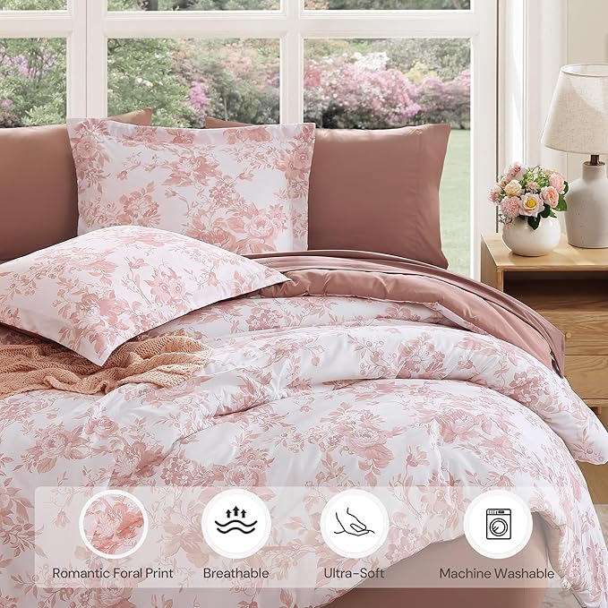 Oversized Queen Comforter Set -7 Pieces Floral Rose Bedding Set for All Seasons, Bed in a Bag with Botanical Flowers Comforter, Sheets, Pillowcases & Shams