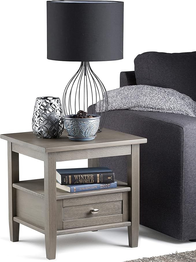 SIMPLIHOME Warm Shaker End Table - 20 inch Wide Solid Wood Side Table in Farmhouse Grey, Transitional Accent Table for Living Room or Bedroom with Drawer, Open Shelf and Square Tapered Legs