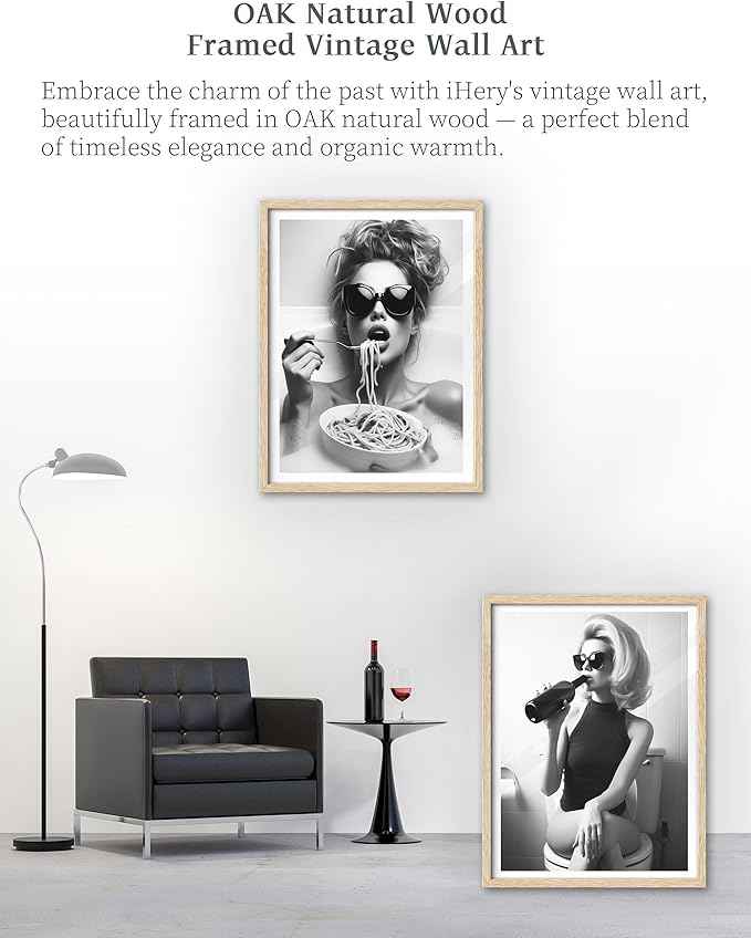 iHery Natural Wood Framed Woman On Toilet Drinking Wine Wall Art, 12x16in OAK Frame Black and White Funny Print, Alcohol Bathroom Poster, Retro Fashion Wall Decor Set of 1